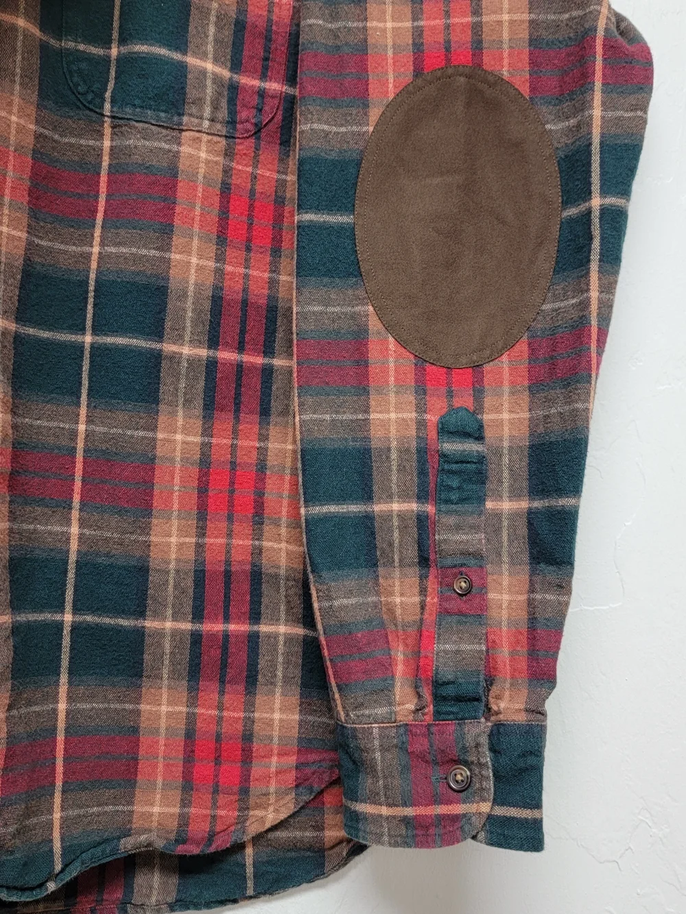 J.Crew Men's L Plaid Flannel Shirt Button Down Red Green Elbow Patches Western